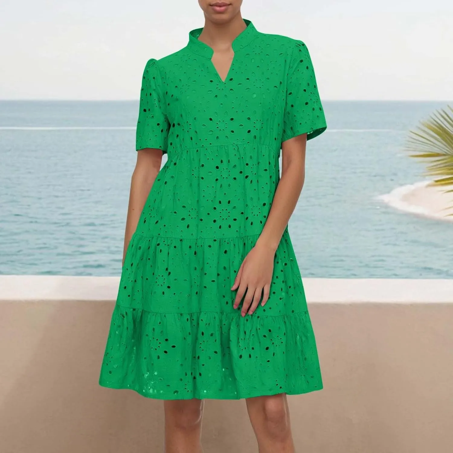 Eyelet Dresses for Women 2025 Summer Mini Dress Short Sleeve V Neck A Line Cocktail Short Sundress Beach Vacation