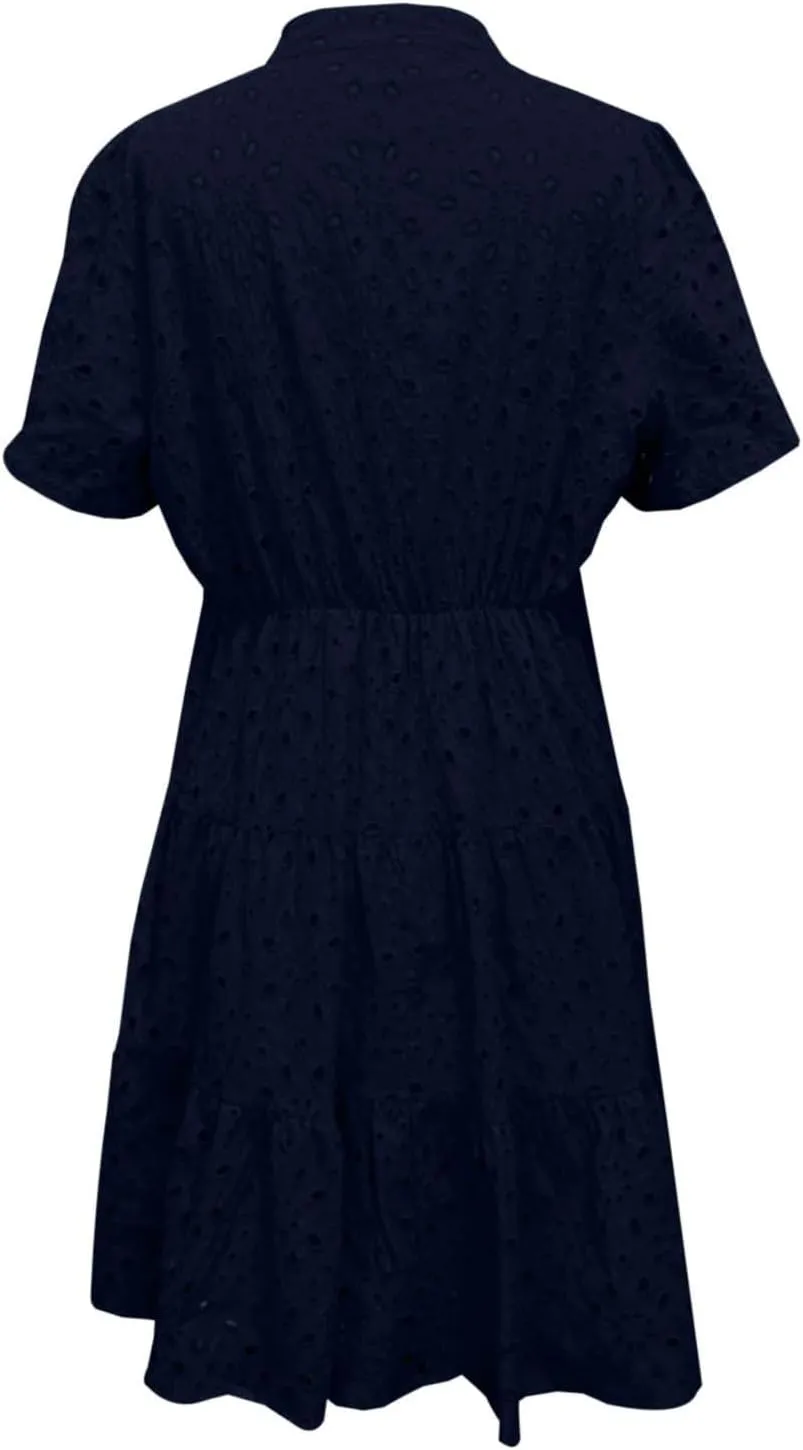 Eyelet Dresses for Women 2025 Summer Mini Dress Short Sleeve V Neck A Line Cocktail Short Sundress Beach Vacation