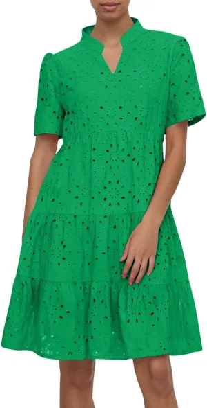 Eyelet Dresses for Women 2025 Summer Mini Dress Short Sleeve V Neck A Line Cocktail Short Sundress Beach Vacation