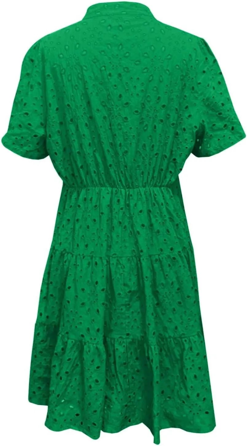 Eyelet Dresses for Women 2025 Summer Mini Dress Short Sleeve V Neck A Line Cocktail Short Sundress Beach Vacation