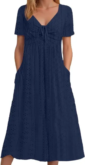 Eyelet Summer Dresses for Women Mini Casual Hollow Out Short Sleeve Lace Tiered Sundress V Neck Shift Dress with Pockets