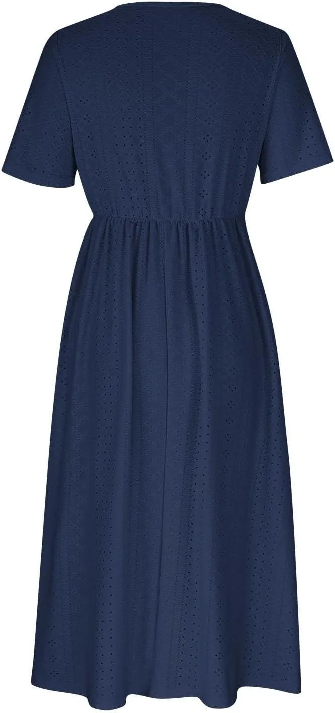 Eyelet Summer Dresses for Women Mini Casual Hollow Out Short Sleeve Lace Tiered Sundress V Neck Shift Dress with Pockets