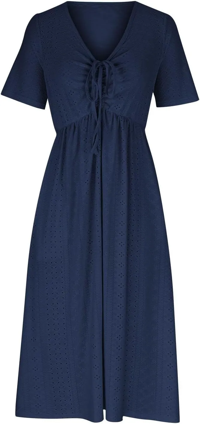 Eyelet Summer Dresses for Women Mini Casual Hollow Out Short Sleeve Lace Tiered Sundress V Neck Shift Dress with Pockets