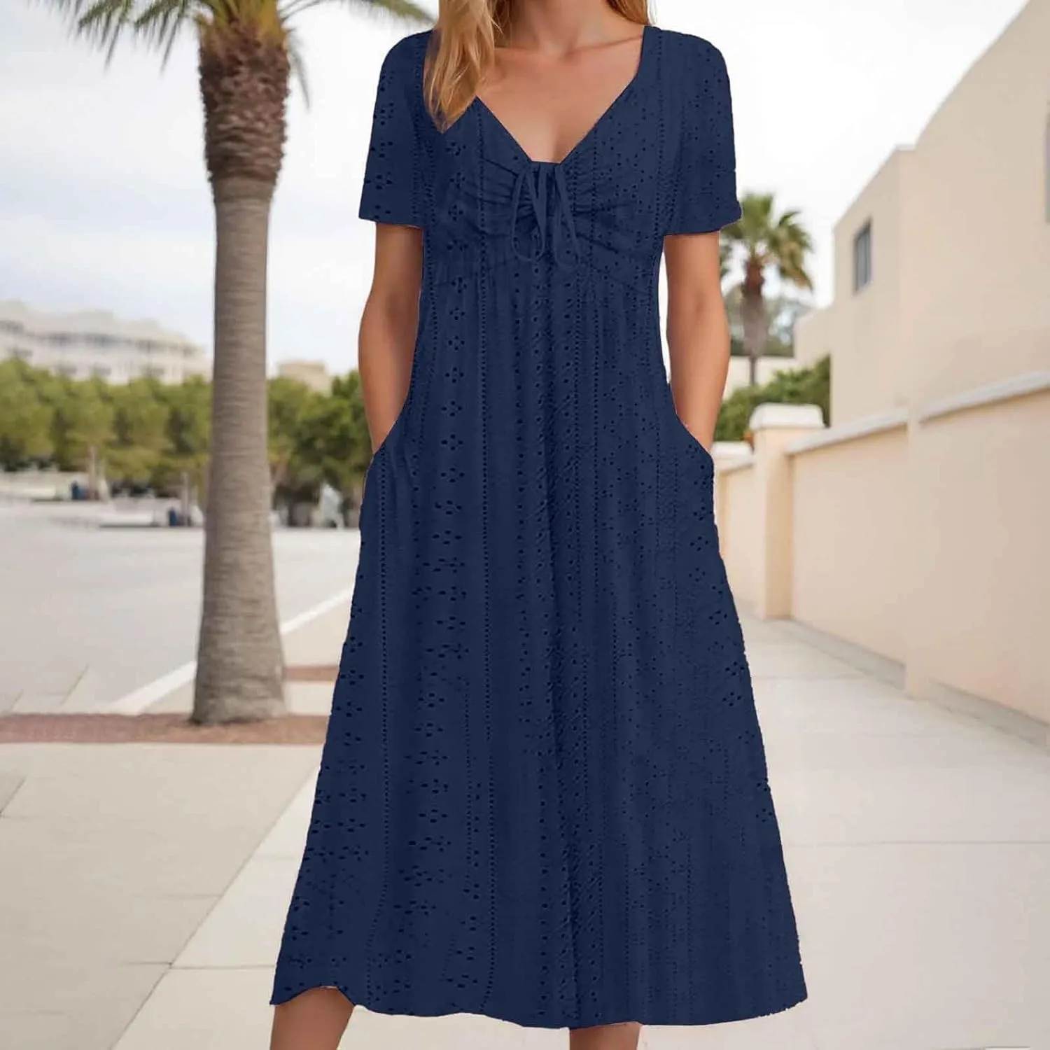 Eyelet Summer Dresses for Women Mini Casual Hollow Out Short Sleeve Lace Tiered Sundress V Neck Shift Dress with Pockets