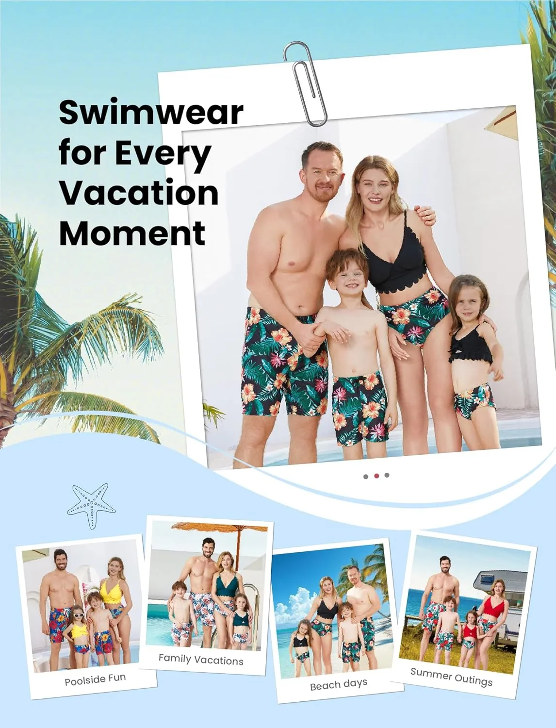 Family Matching Solid Scallop Trim Strappy Two-Piece Swimsuit and Allover Floral Print Swim Trunks Shorts