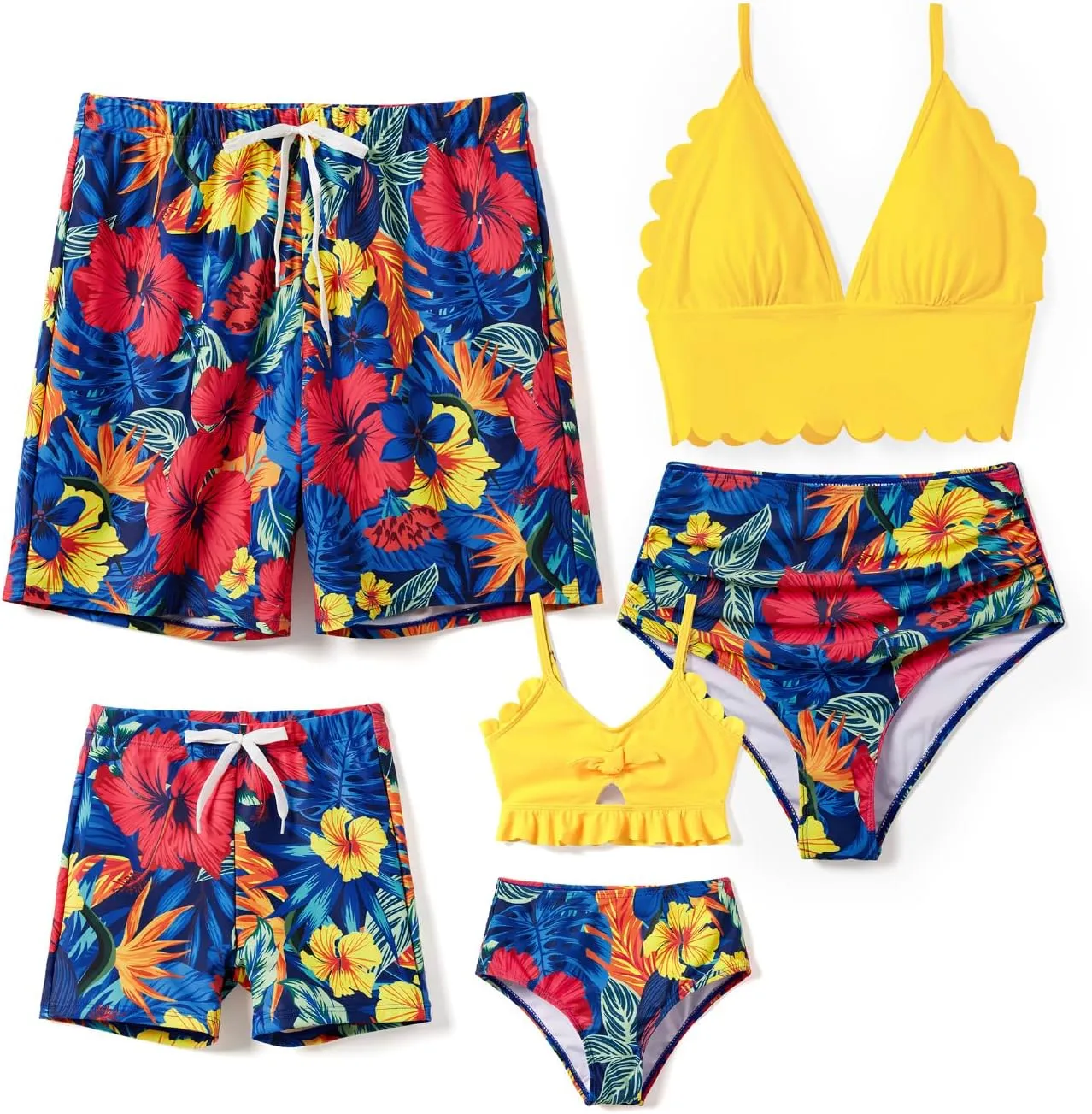 Family Matching Solid Scallop Trim Strappy Two-Piece Swimsuit and Allover Floral Print Swim Trunks Shorts