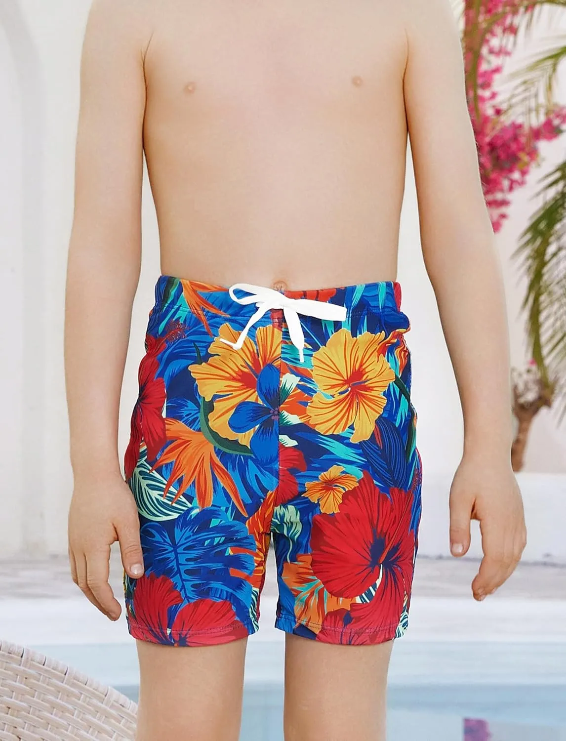 Family Matching Solid Scallop Trim Strappy Two-Piece Swimsuit and Allover Floral Print Swim Trunks Shorts