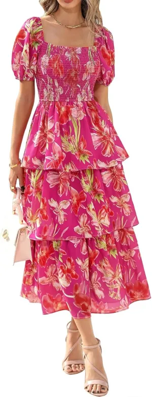 Floral Dress for Women Summer Puff Short Sleeve Smocked Dress Square Neck Ruffl Tiered Maxi Dresses Flowy Dresses