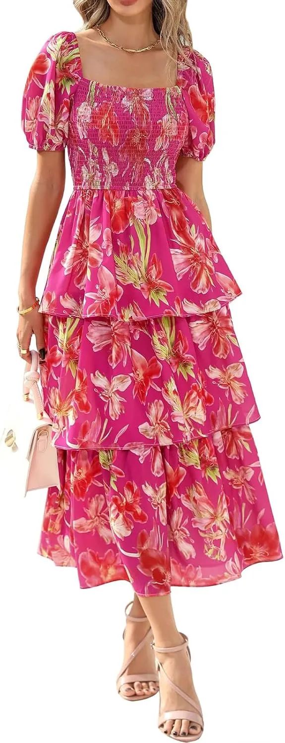 Floral Dress for Women Summer Puff Short Sleeve Smocked Dress Square Neck Ruffl Tiered Maxi Dresses Flowy Dresses