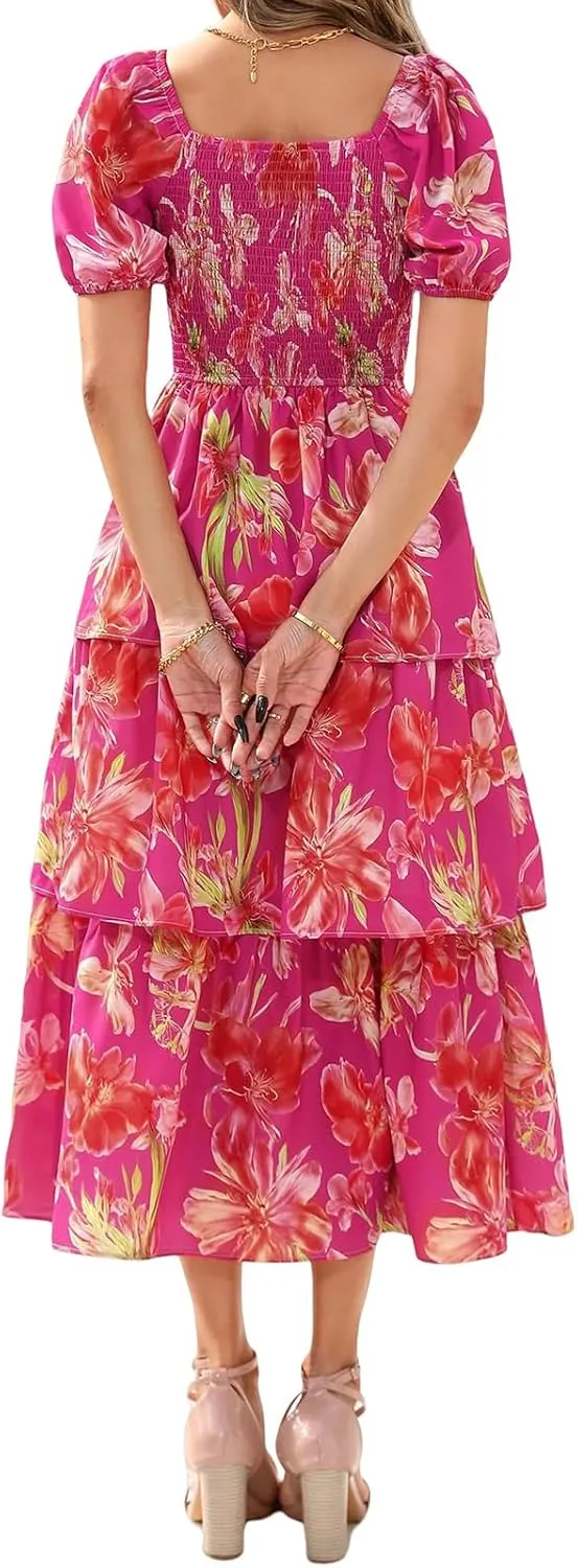 Floral Dress for Women Summer Puff Short Sleeve Smocked Dress Square Neck Ruffl Tiered Maxi Dresses Flowy Dresses