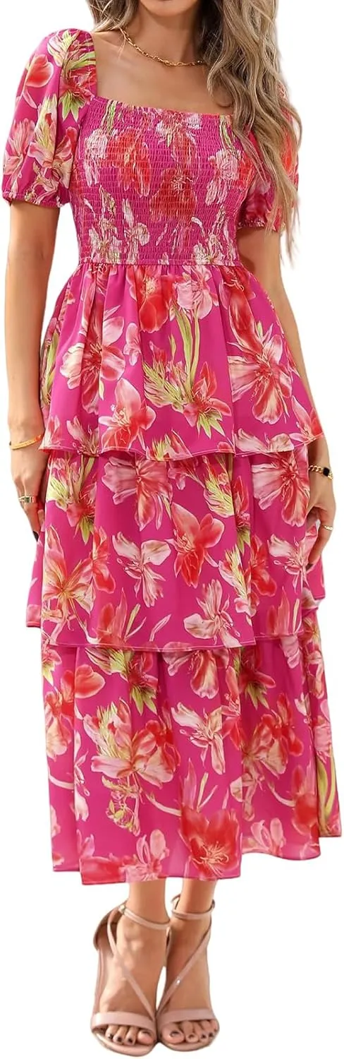 Floral Dress for Women Summer Puff Short Sleeve Smocked Dress Square Neck Ruffl Tiered Maxi Dresses Flowy Dresses