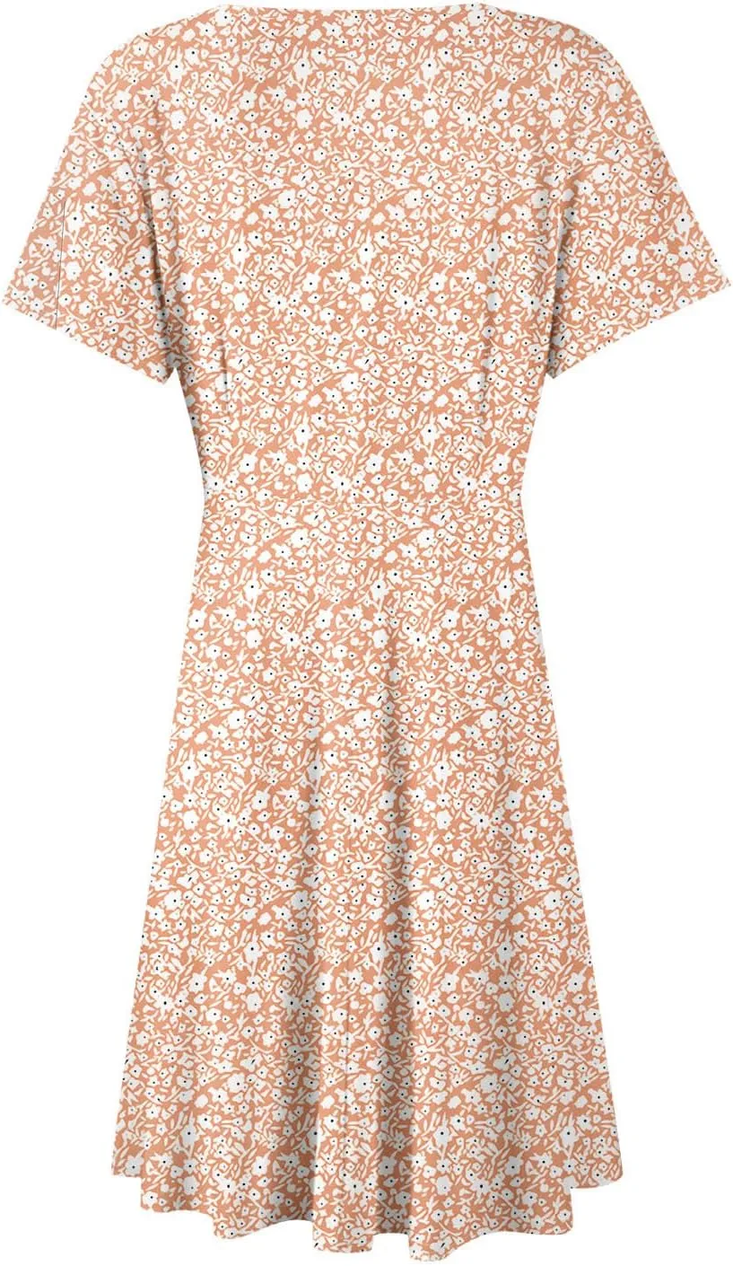 Floral Dress for Women Wrap V Neck Short Sleeve Midi Dress Casual Summer A Line Flowy Cotton Boho Beach Sun Dresses