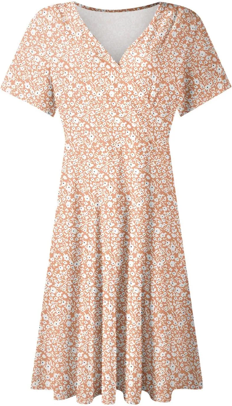 Floral Dress for Women Wrap V Neck Short Sleeve Midi Dress Casual Summer A Line Flowy Cotton Boho Beach Sun Dresses