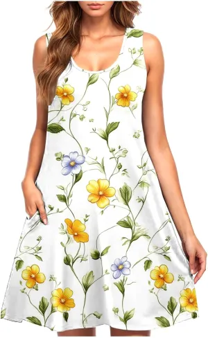 Floral Dresses for Women Boho Sundress Beach Vacation Casual Sleeveless Round Neck Resort Mini Dress with Pocket