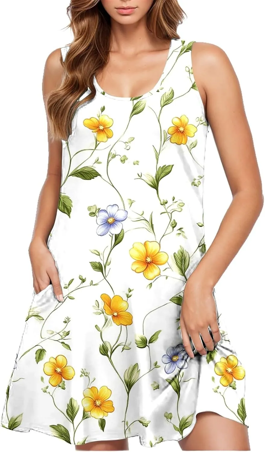 Floral Dresses for Women Boho Sundress Beach Vacation Casual Sleeveless Round Neck Resort Mini Dress with Pocket