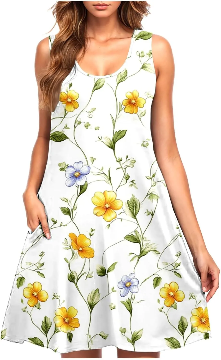 Floral Dresses for Women Boho Sundress Beach Vacation Casual Sleeveless Round Neck Resort Mini Dress with Pocket