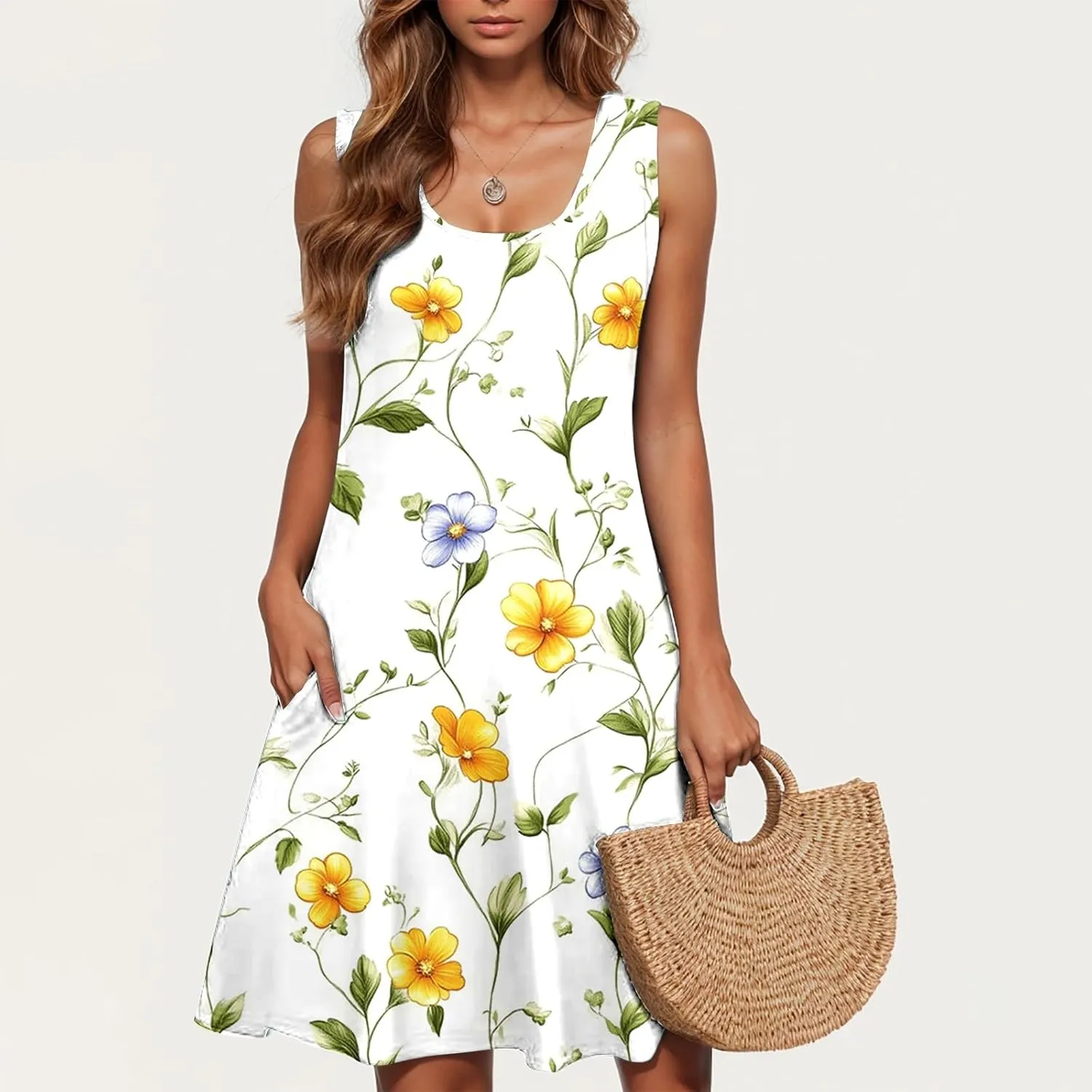 Floral Dresses for Women Boho Sundress Beach Vacation Casual Sleeveless Round Neck Resort Mini Dress with Pocket