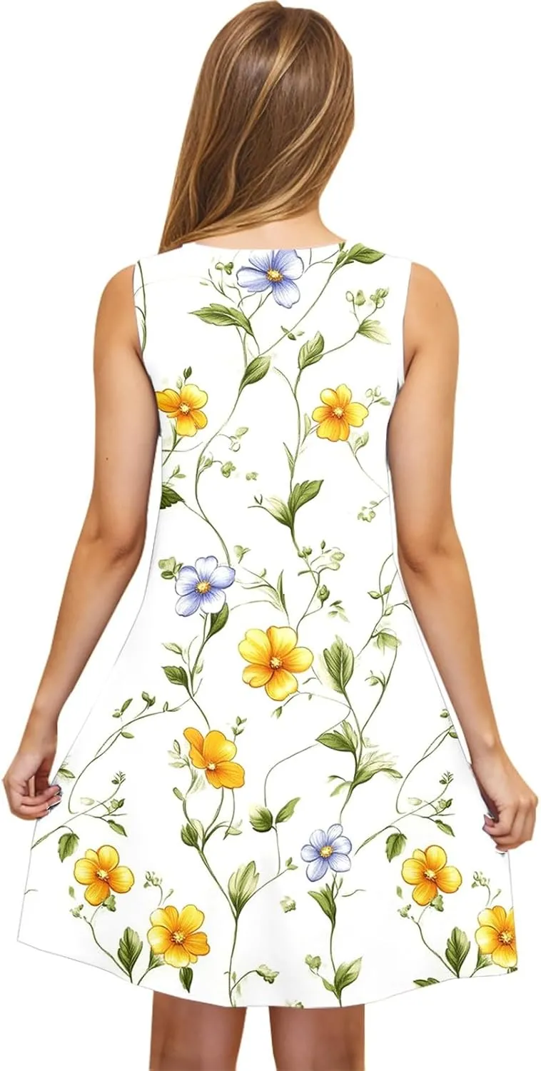Floral Dresses for Women Boho Sundress Beach Vacation Casual Sleeveless Round Neck Resort Mini Dress with Pocket