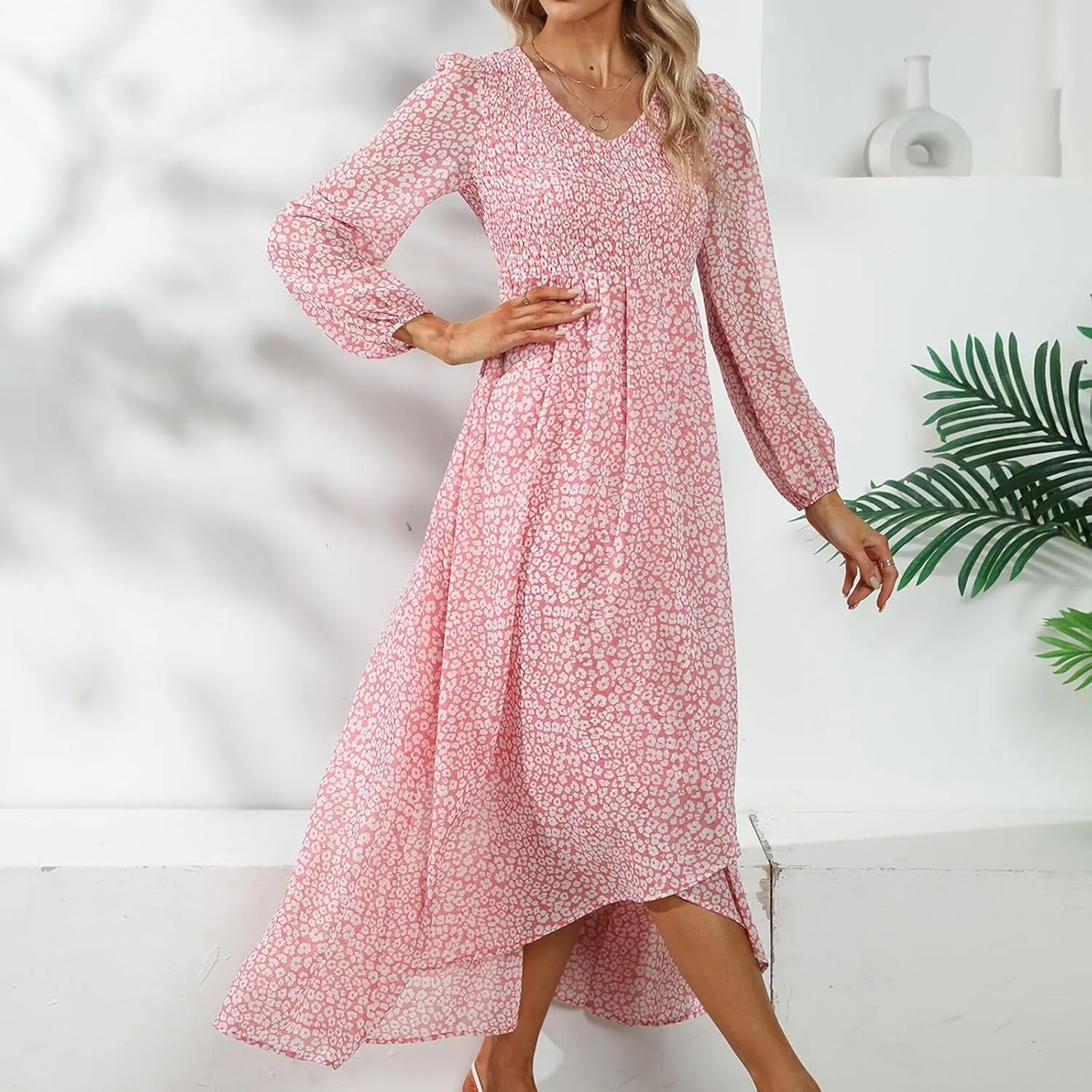 Floral Dresses for Women Spring Elegant Wrap V Neck Slim Beach DressTrendy Flowy Ruche Long Sleeve Boho Sundresses