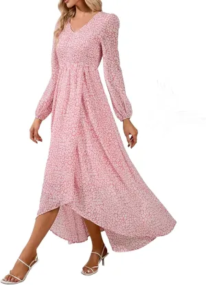 Floral Dresses for Women Spring Elegant Wrap V Neck Slim Beach DressTrendy Flowy Ruche Long Sleeve Boho Sundresses