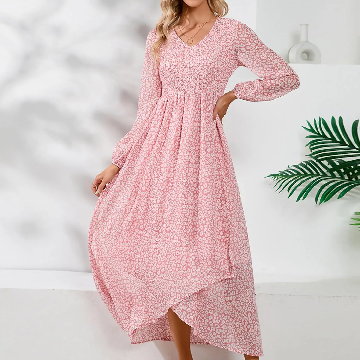 Floral Dresses for Women Spring Elegant Wrap V Neck Slim Beach DressTrendy Flowy Ruche Long Sleeve Boho Sundresses