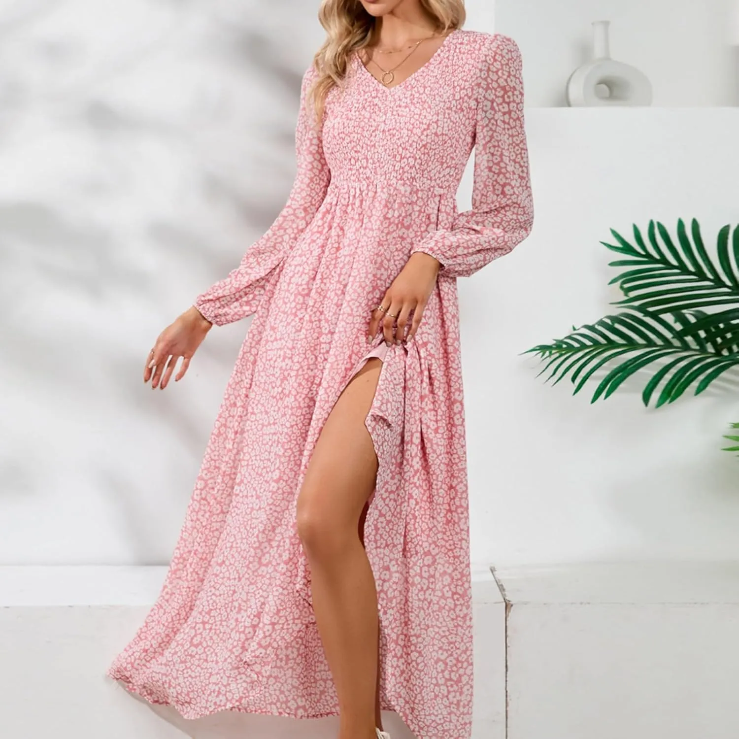 Floral Dresses for Women Spring Elegant Wrap V Neck Slim Beach DressTrendy Flowy Ruche Long Sleeve Boho Sundresses