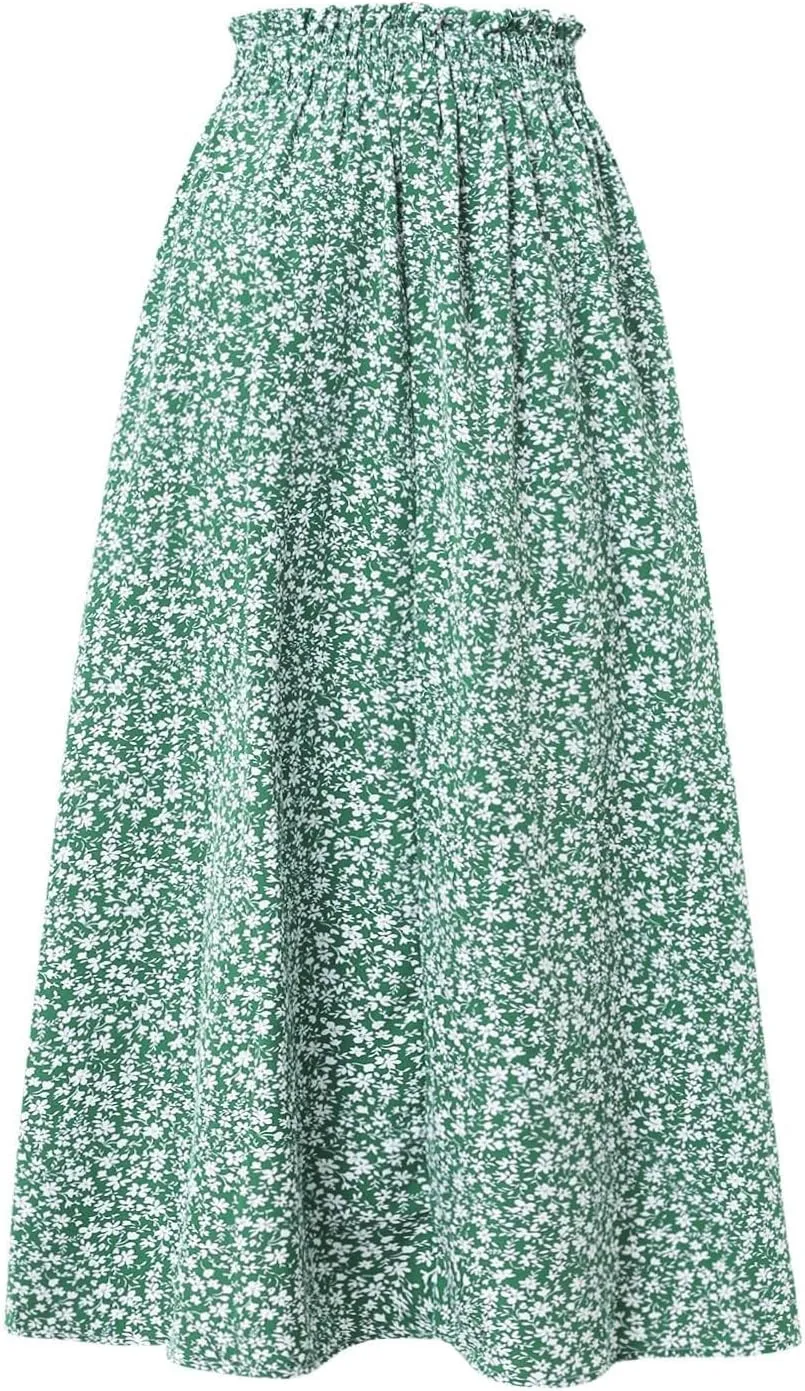 Floral Midi Skirt Boho Flowy Elastic High Waist A Line Skirt Bow Linen Flared Beach Long Skirts for Women with Pockets