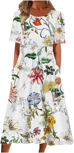 Flowy Dresses for Women 2024 Trendy Causal Dress Short Sleeve Floral Summer Dresses Beach Vacation Clothing