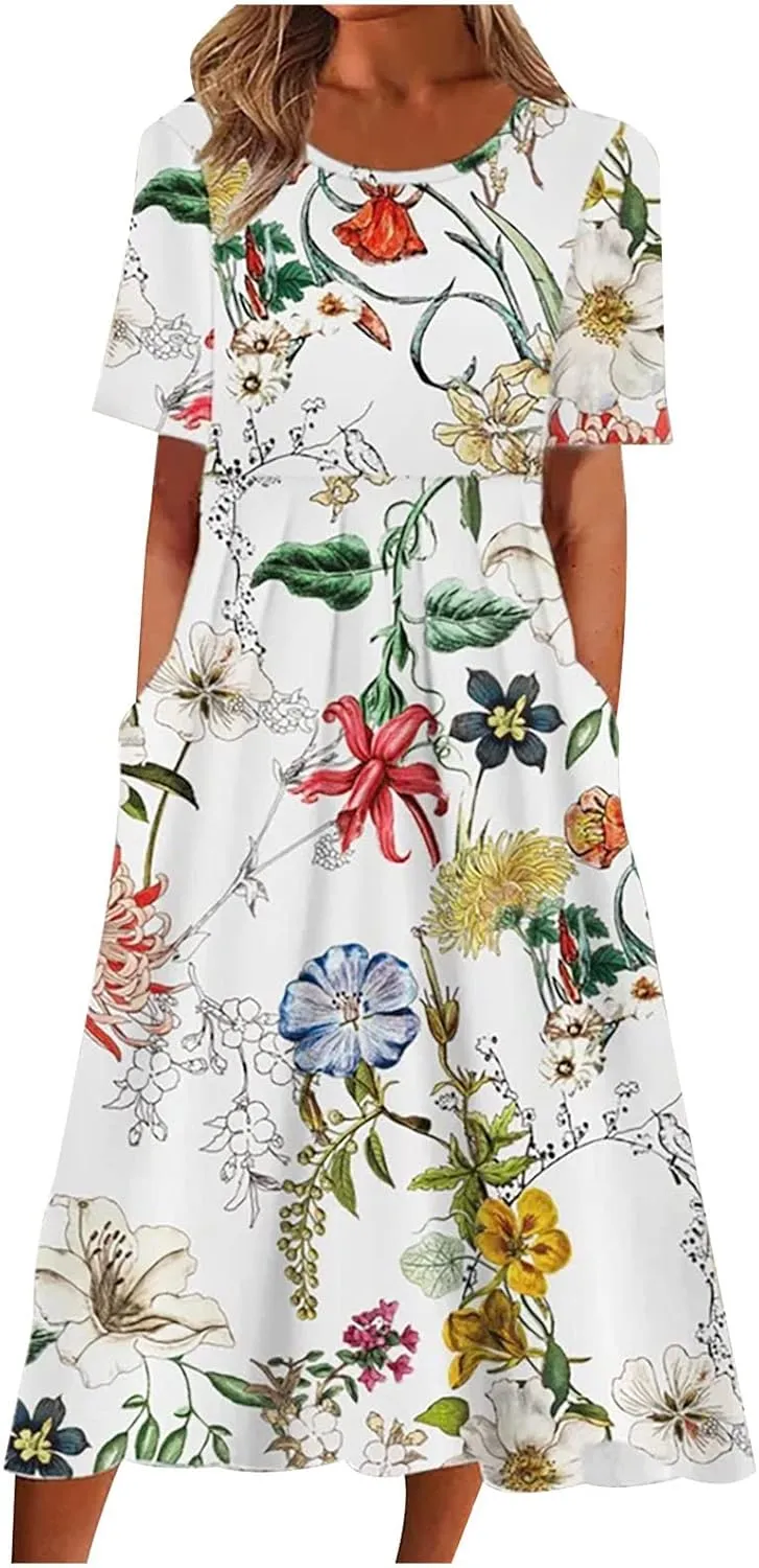 Flowy Dresses for Women 2024 Trendy Causal Dress Short Sleeve Floral Summer Dresses Beach Vacation Clothing
