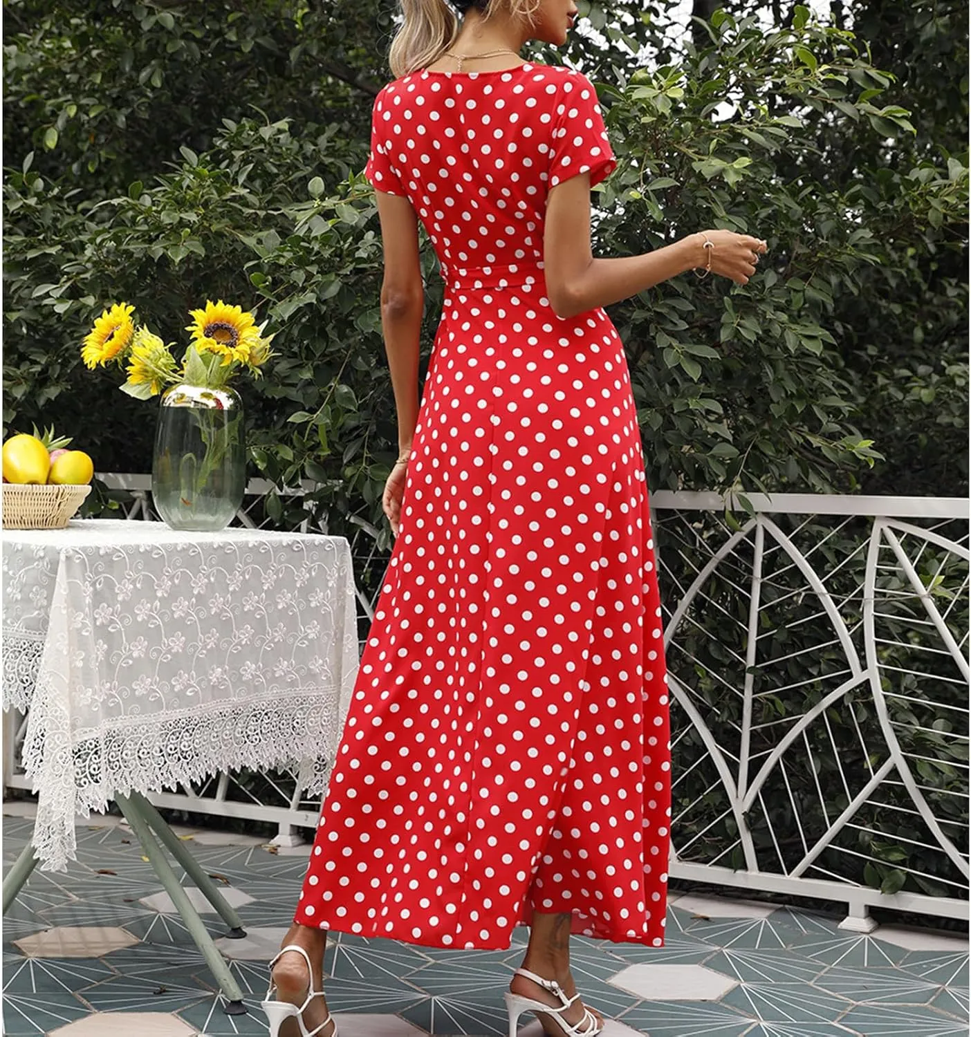 Flowy Maxi Dresses for Women Summer V Neck Long Dress Casual Polka Dot Print Dress Short Sleeve Slit Beach Sundress