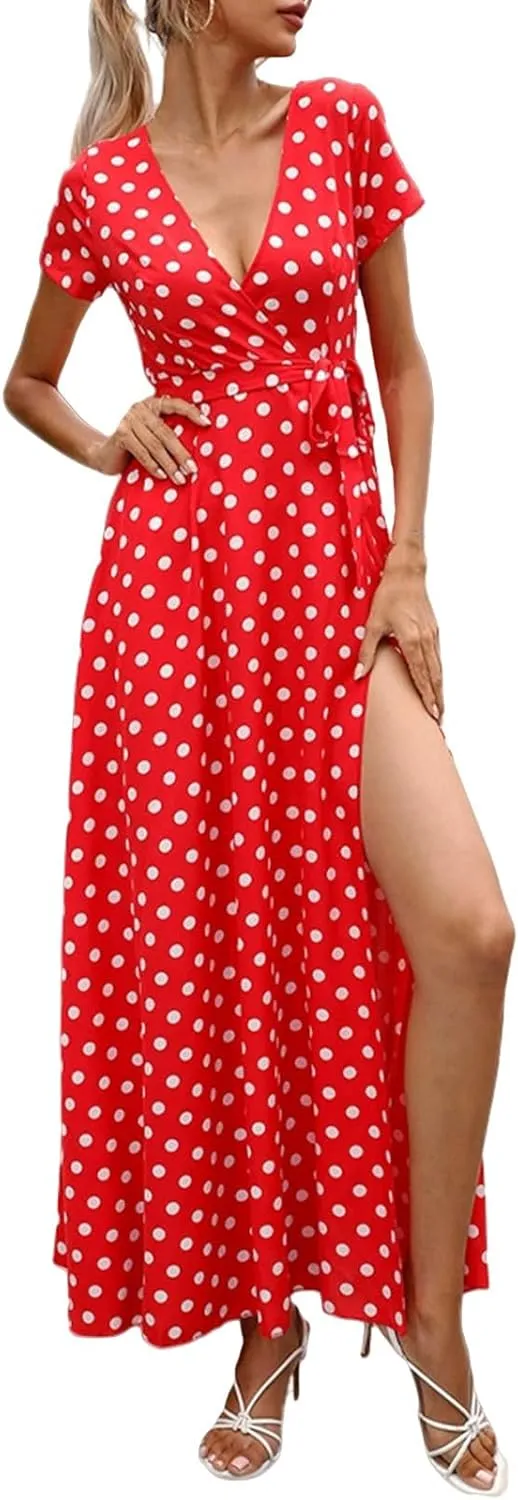 Flowy Maxi Dresses for Women Summer V Neck Long Dress Casual Polka Dot Print Dress Short Sleeve Slit Beach Sundress