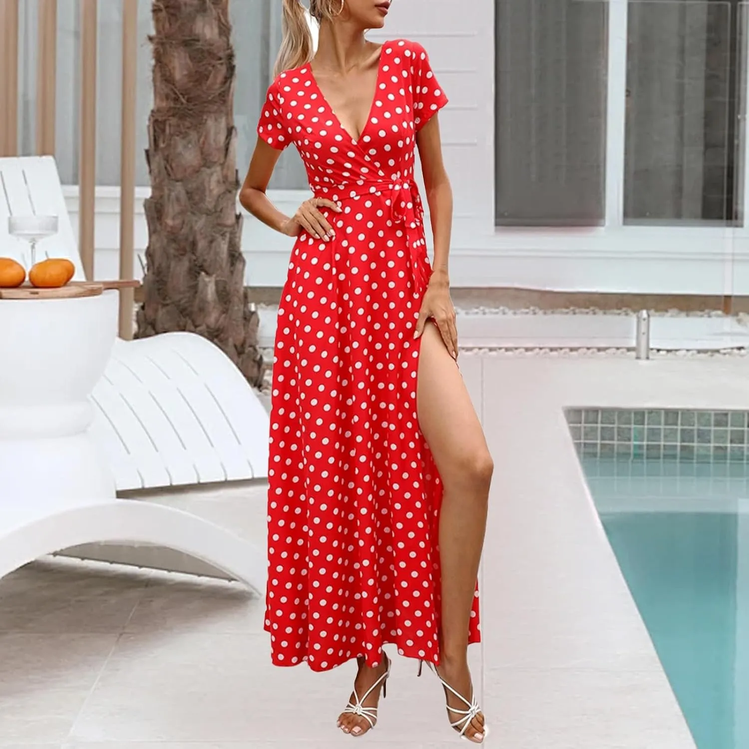 Flowy Maxi Dresses for Women Summer V Neck Long Dress Casual Polka Dot Print Dress Short Sleeve Slit Beach Sundress