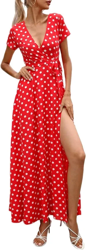 Flowy Maxi Dresses for Women Summer V Neck Long Dress Casual Polka Dot Print Dress Short Sleeve Slit Beach Sundress