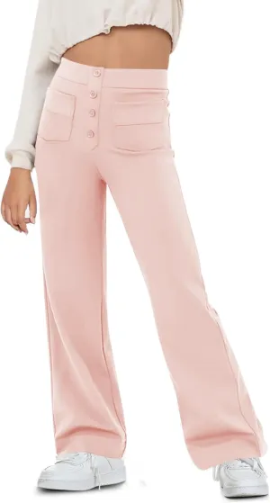 Flygo Girls Flare Yoga Pants Kids High Waisted Multiple Pockets Bell Bottoms Button Bootcut Stretchy Pants