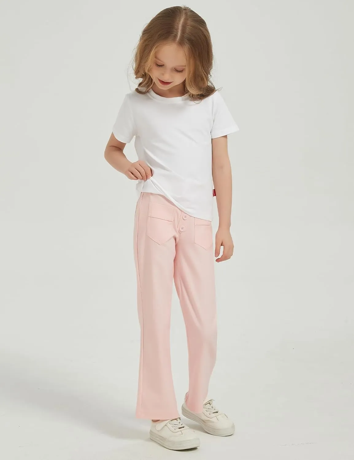 Flygo Girls Flare Yoga Pants Kids High Waisted Multiple Pockets Bell Bottoms Button Bootcut Stretchy Pants