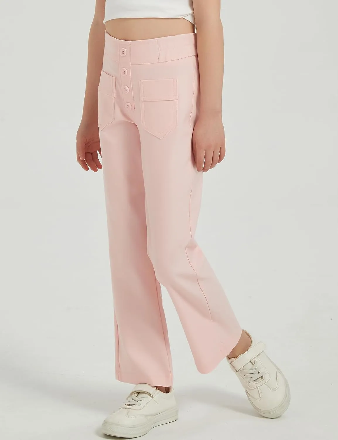 Flygo Girls Flare Yoga Pants Kids High Waisted Multiple Pockets Bell Bottoms Button Bootcut Stretchy Pants