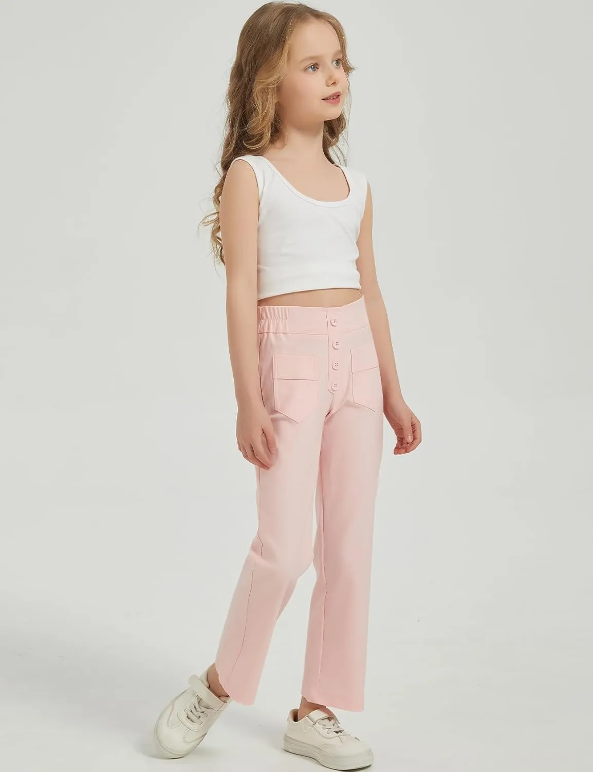 Flygo Girls Flare Yoga Pants Kids High Waisted Multiple Pockets Bell Bottoms Button Bootcut Stretchy Pants