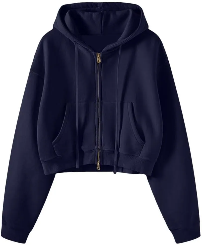 FMCHICO Women's Cropped Zip Up Hoodie Casual Long Sleeve Workout Hooded Sweatshirt Coat
