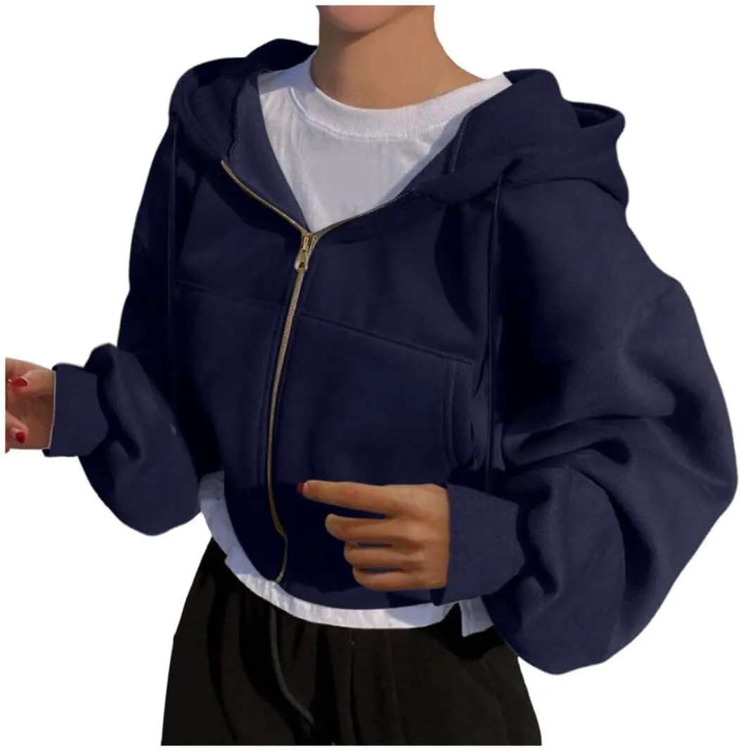 FMCHICO Women's Cropped Zip Up Hoodie Casual Long Sleeve Workout Hooded Sweatshirt Coat