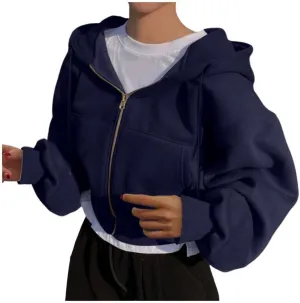 FMCHICO Women's Cropped Zip Up Hoodie Casual Long Sleeve Workout Hooded Sweatshirt Coat