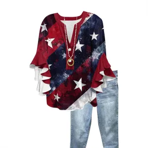 Fourth Of July Shirts For Women V Neck, 3/4 Sleeve Red White And Blue Summer Blouses Flowy Half Button Down Tops