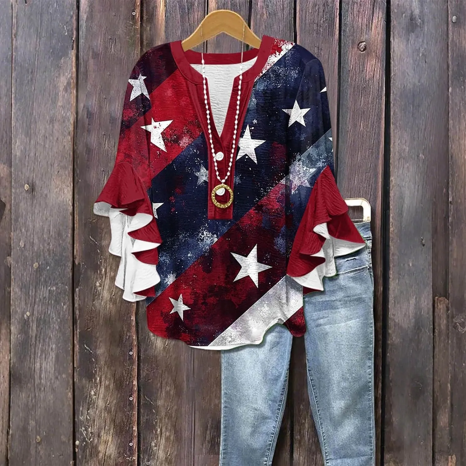 Fourth Of July Shirts For Women V Neck, 3/4 Sleeve Red White And Blue Summer Blouses Flowy Half Button Down Tops