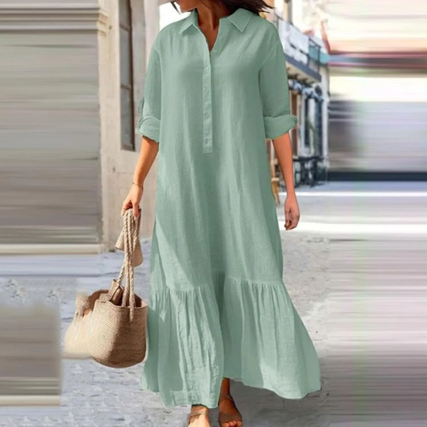FZYLQY Plus Size Cotton Linen Dresses for Women Summer Casual Dress Button Down Long Sleeve Maxi Dress Solid Loose Long Dress