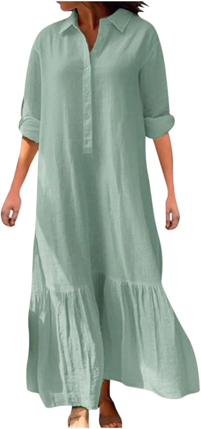 FZYLQY Plus Size Cotton Linen Dresses for Women Summer Casual Dress Button Down Long Sleeve Maxi Dress Solid Loose Long Dress