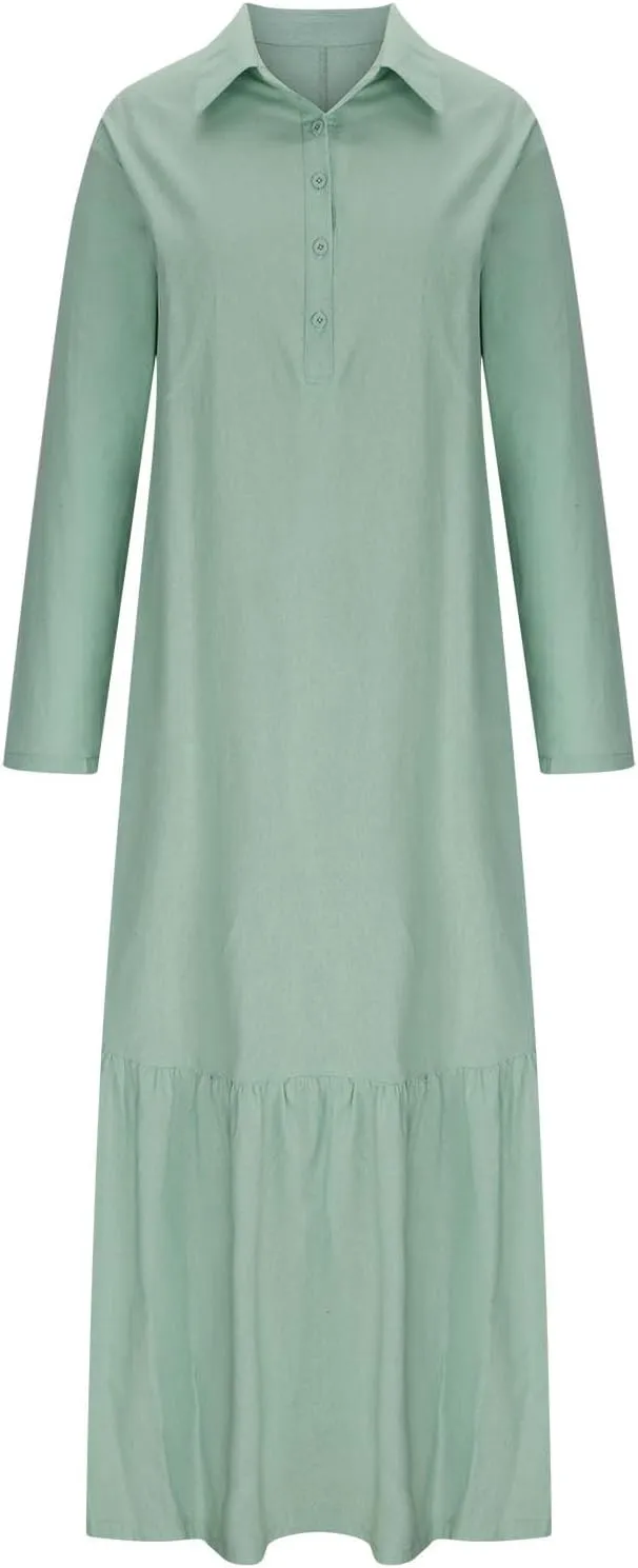 FZYLQY Plus Size Cotton Linen Dresses for Women Summer Casual Dress Button Down Long Sleeve Maxi Dress Solid Loose Long Dress