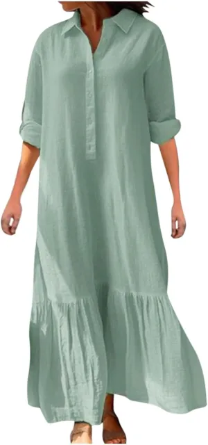 FZYLQY Plus Size Cotton Linen Dresses for Women Summer Casual Dress Button Down Long Sleeve Maxi Dress Solid Loose Long Dress