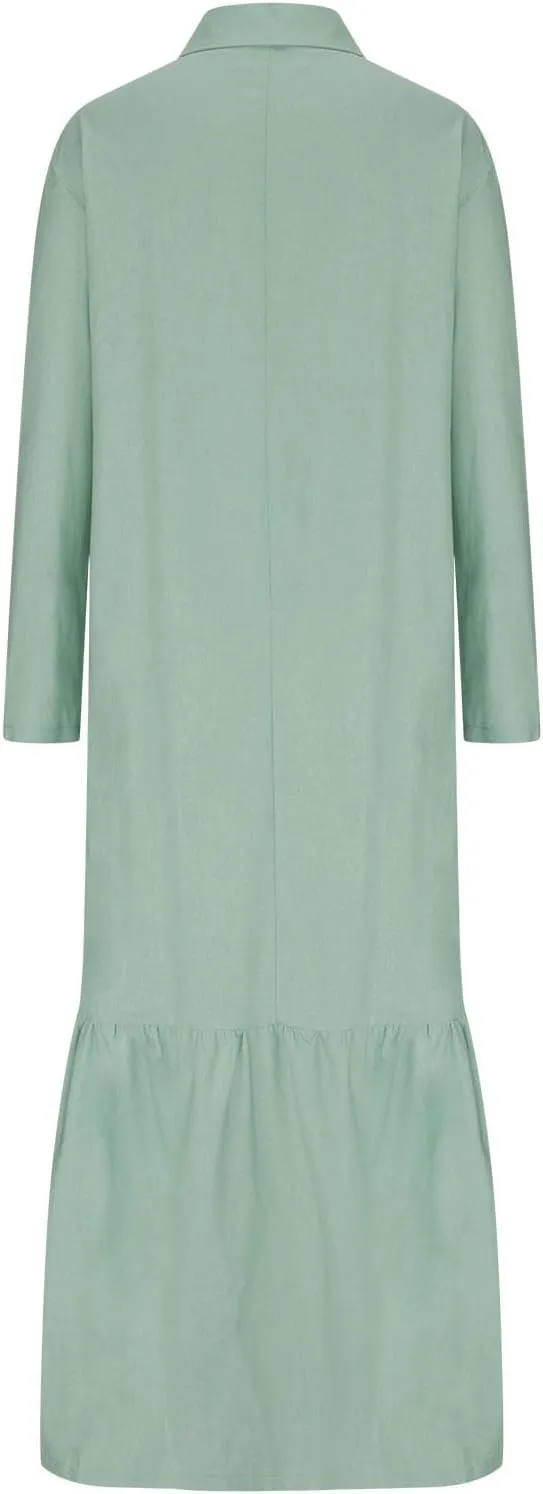 FZYLQY Plus Size Cotton Linen Dresses for Women Summer Casual Dress Button Down Long Sleeve Maxi Dress Solid Loose Long Dress