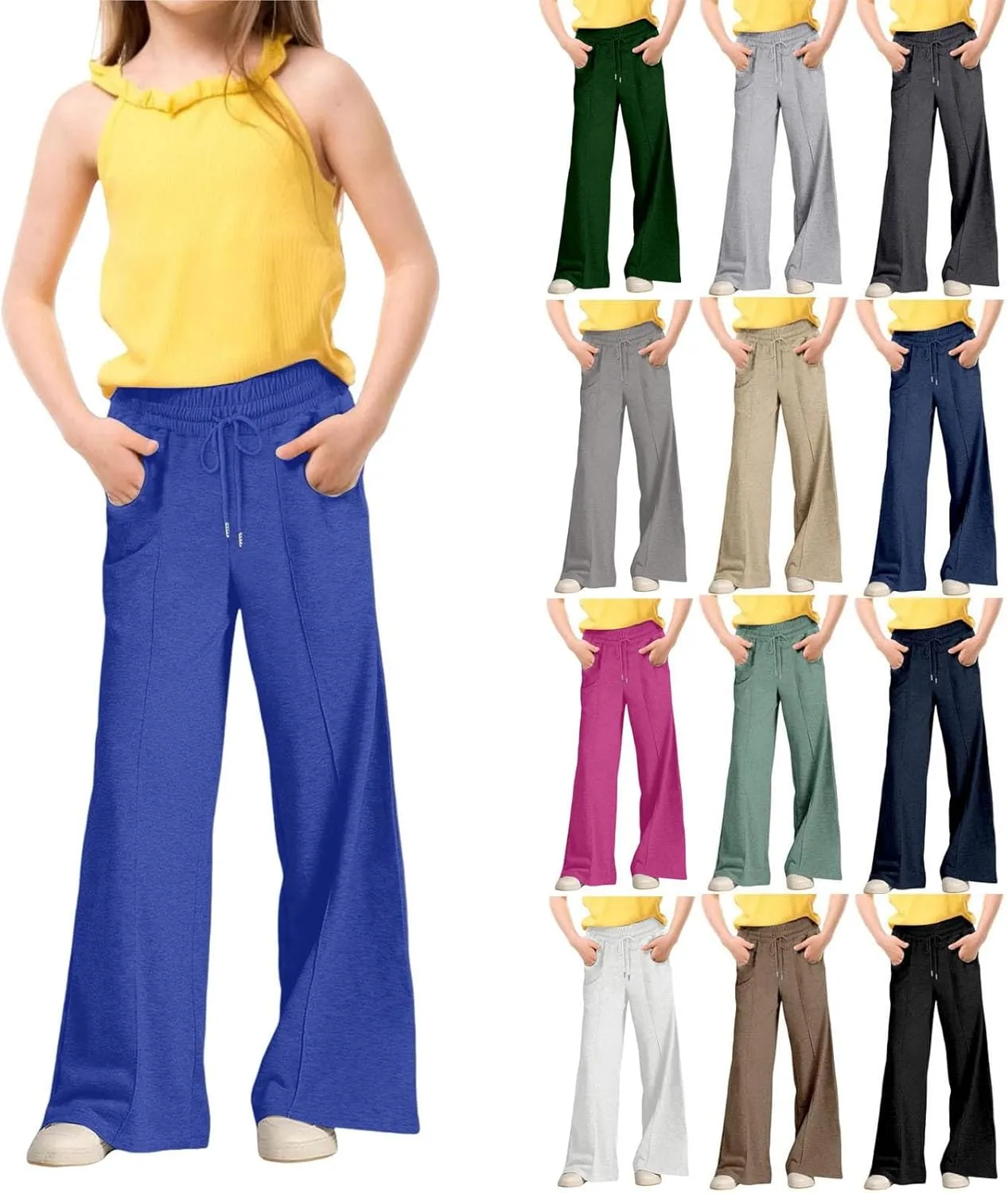 Girl Wide Leg Sweatpants Girls Elastic 𝗗rawstring Jogger Trouser Kids School Jogging Tracksuit Bottoms with Pocket