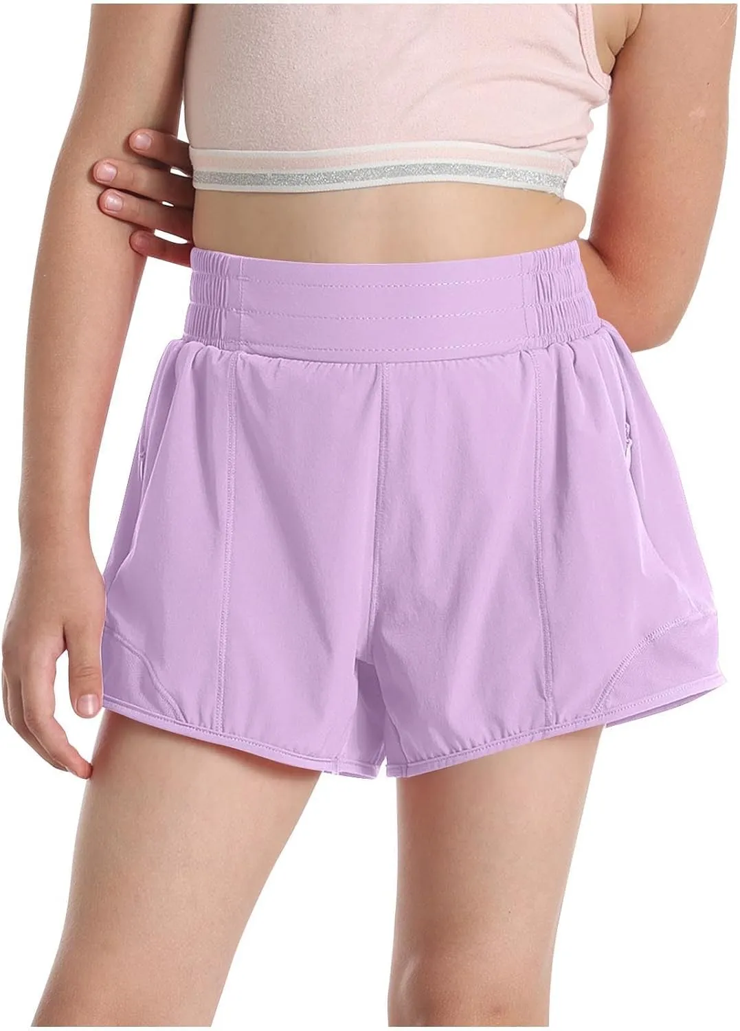 Girls Athletic Shorts Kids Outdoor Running Soccer Gym Shorts Quick Dry High Waisted Activewear with Zipper Pockets