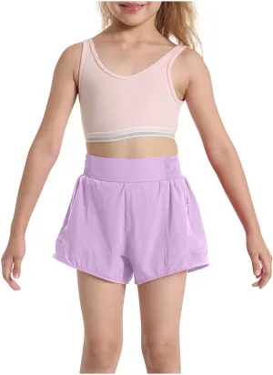 Girls Athletic Shorts Kids Outdoor Running Soccer Gym Shorts Quick Dry High Waisted Activewear with Zipper Pockets